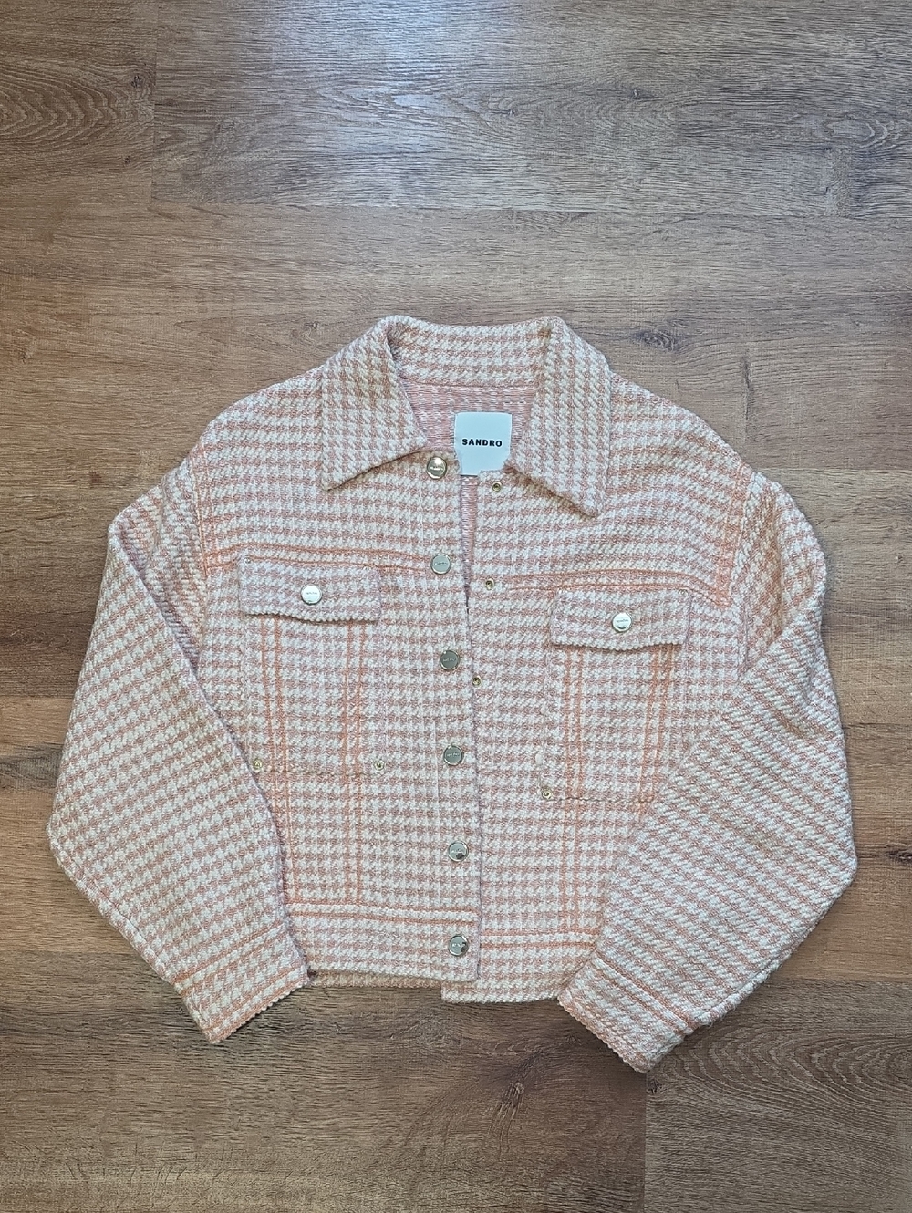 Sandro Pink & Cream Houndstooth Wool-Blend Jacket